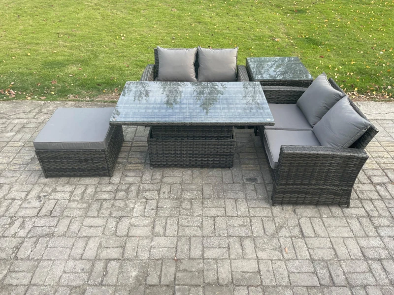 Image of Fimous 5 Pieces Garden Furniture Sets Poly Rattan Outdoor Patio Height Adjustable Rising Lifting Table Sofa Dining Set with Side Table in Dark Grey Da