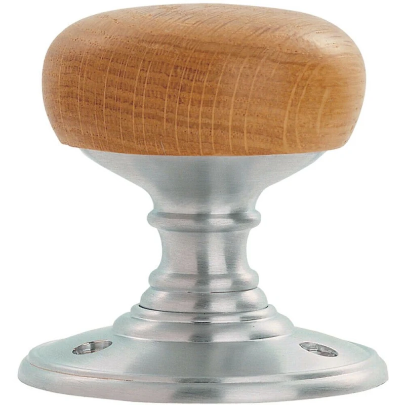 Image of Loops PAIR Rounded Mortice Door Knob 60mm Diameter Oak Wood on Satin Chrome Rose Multi unisex