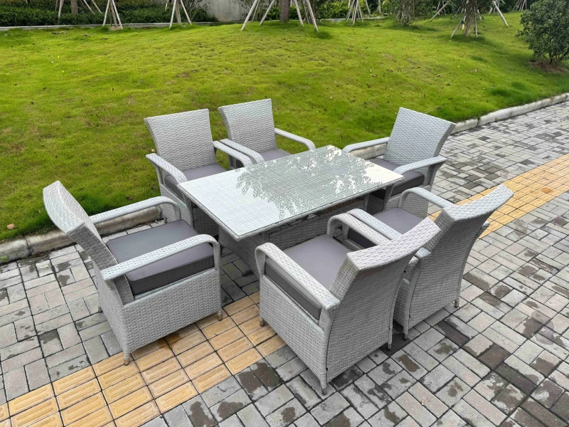 Image of Fimous Rattan Outdoor Garden furniture Set Rectangular Table & 6 Chairs Set in Light Grey Light Grey Unisex