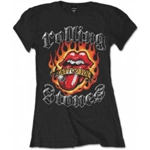 Image of Rolling Stones Flaming Tattoo Tongue Blk Ladies TS:Medium