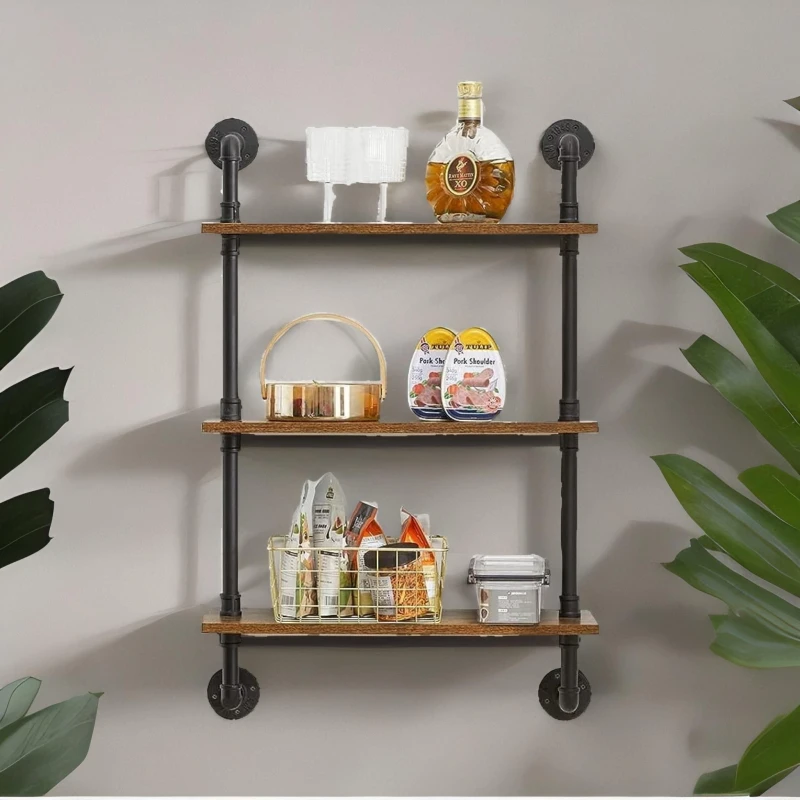 Image of Rafaelo Mobilia Industrial Pipe Wall-Mounted 3 Tier Floating Shelves in Dark Brown Dark Brown Unisex