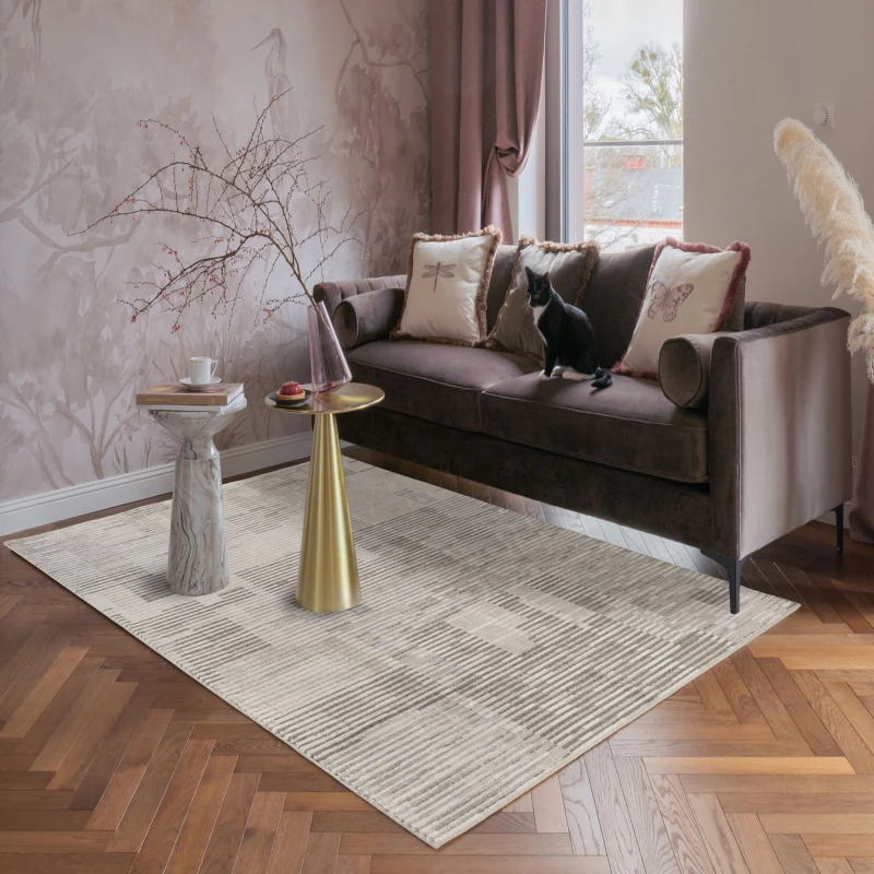 Image of Mayfair Living Room Area Rug Metallic Sheen Contemporary Modern Matrix Design - Stone 120Cm X 170Cm