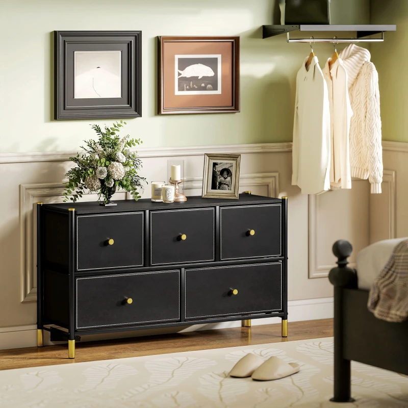 Image of HOMCOM Fabric Chest of Drawers with PU Leather Surface, for Bedroom Black
