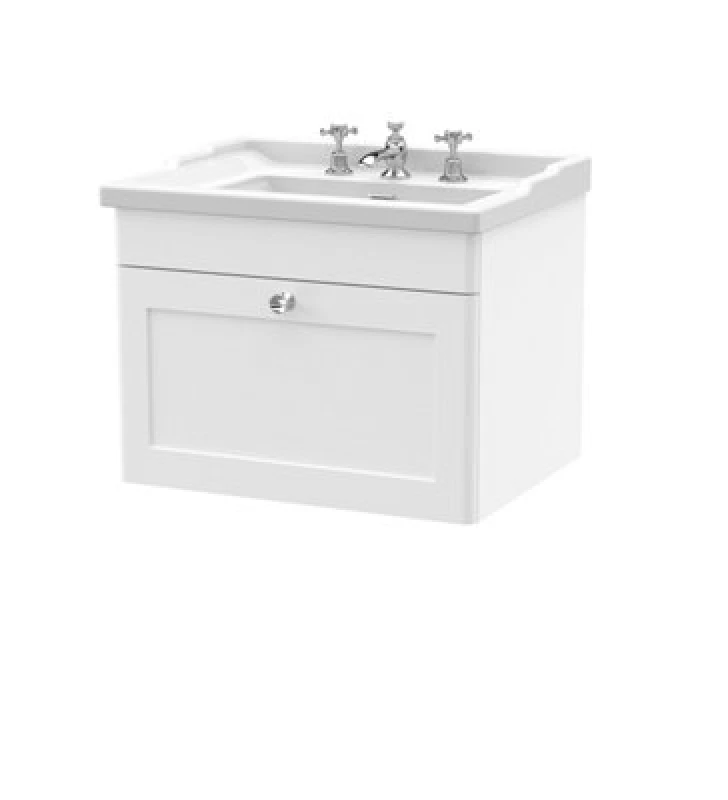 Image of NUIE Classique Wall Hung 1-Drawer Vanity Unit with Traditional Basin 600mm Wide Satin White - 3 Tap Hole - Nuie CLC194G