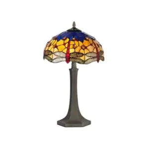 Image of Luminosa Lighting - 2 Light Octagonal Table Lamp E27 With 40cm Tiffany Shade, Blue, Orange, Crystal, Aged Antique Brass