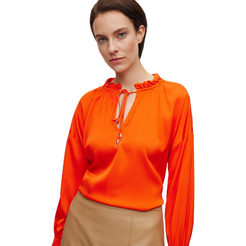 Image of Boss Womens Baratina Blouse, Drawstring Neckline Bright Orange female 4 (XXS)