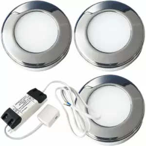 Image of 3x chrome Round Surface or Flush Under Cabinet Kitchen Light & Driver Kit - Natural White led