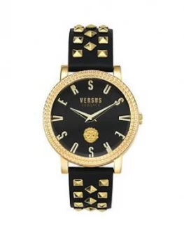 Image of Versus Versace Black And Gold Detail Dial Black Studded Leather Strap Ladies Watch