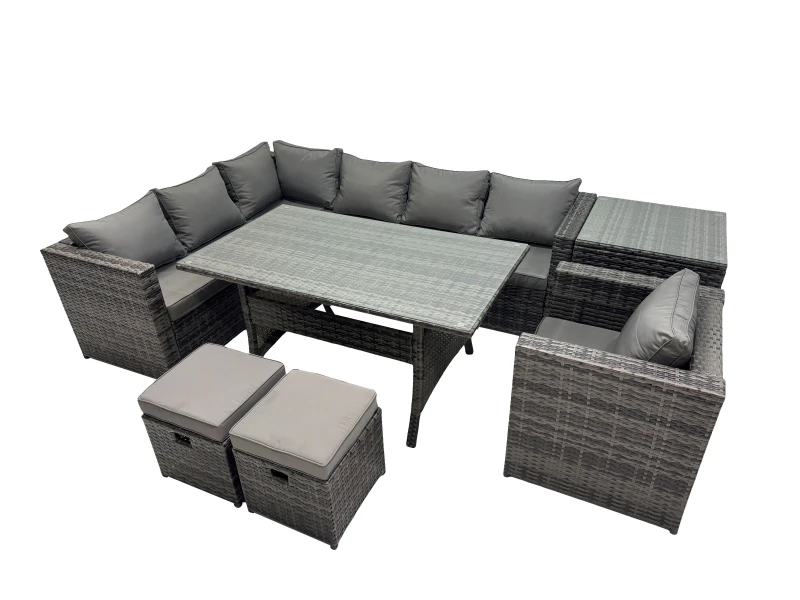 Image of Fimous Outdoor PE Rattan Sofa Set with with Chair 2 Small Stool Side Table in Dark Grey Dark Grey Unisex