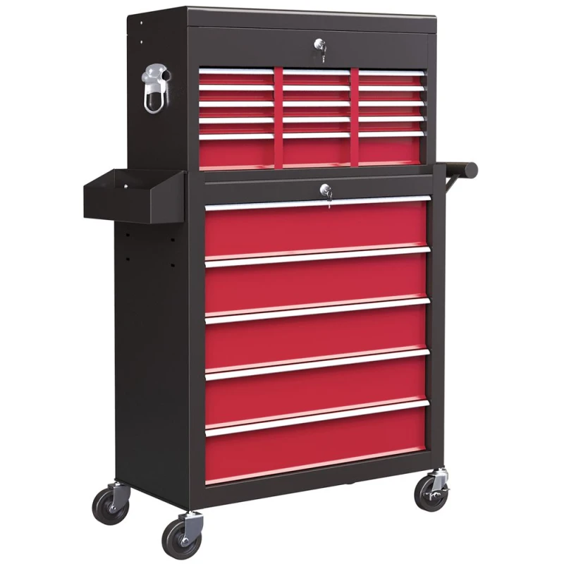 Image of HOMCOM HOMCOM Rolling Tool Cabinet on Wheels with 14 Drawers, Pegboard and Side Rack, Lockable Top Tool Chest and Roller Cabinet Combo for Workshop an