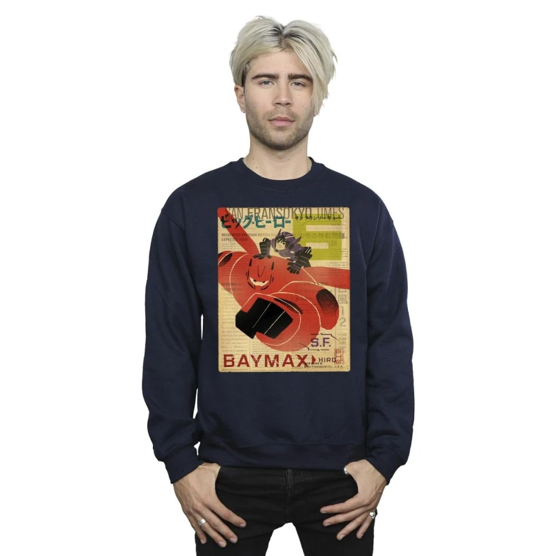 Image of Disney Men Big Hero 6 Baymax Flying Baymax Newspaper Sweatshirt in Navy Size: Small Navy S Male 5059934865846