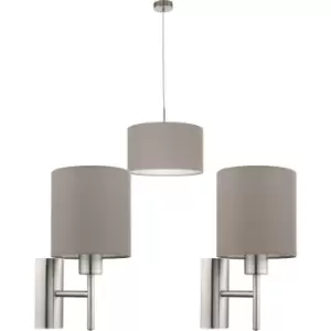 Image of Ceiling Pendant Light & 2x Matching Wall Lights Satin Nickel Taupe Fabric Shade