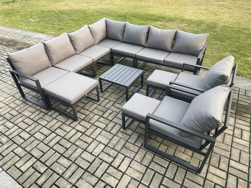 Image of Fimous Aluminium Outdoor Garden Furniture Set Lounge Corner Sofa Square Coffee Table 2 Pcs Chair Sets with 3 Footstools Dark Grey Dark Grey Unisex