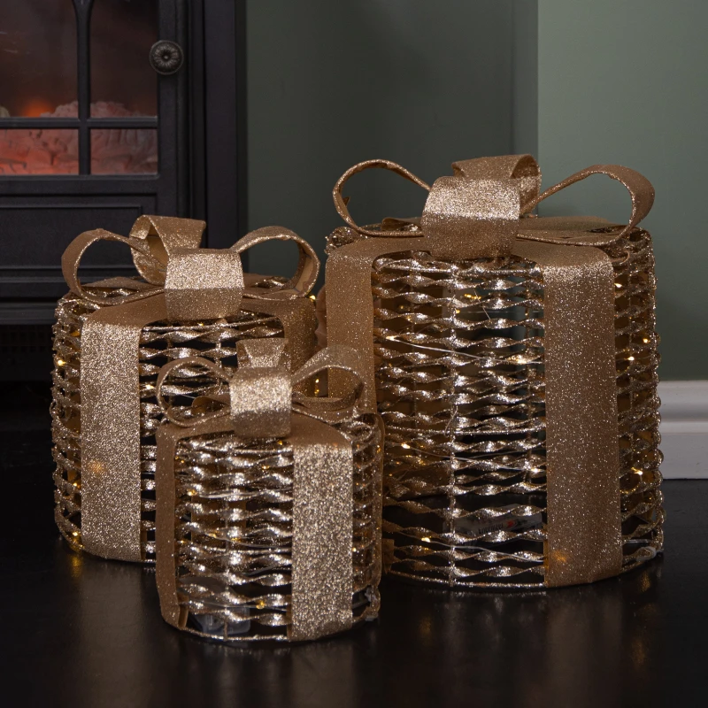 Image of Set of 3 Battery Operated Gold Christmas Glitter Twist Gift Boxes with Warm White LEDs
