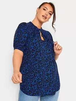 Image of Yours Tie Neck Short Sleeve Blouse Blue Wild Print, Blue, Size 20, Women