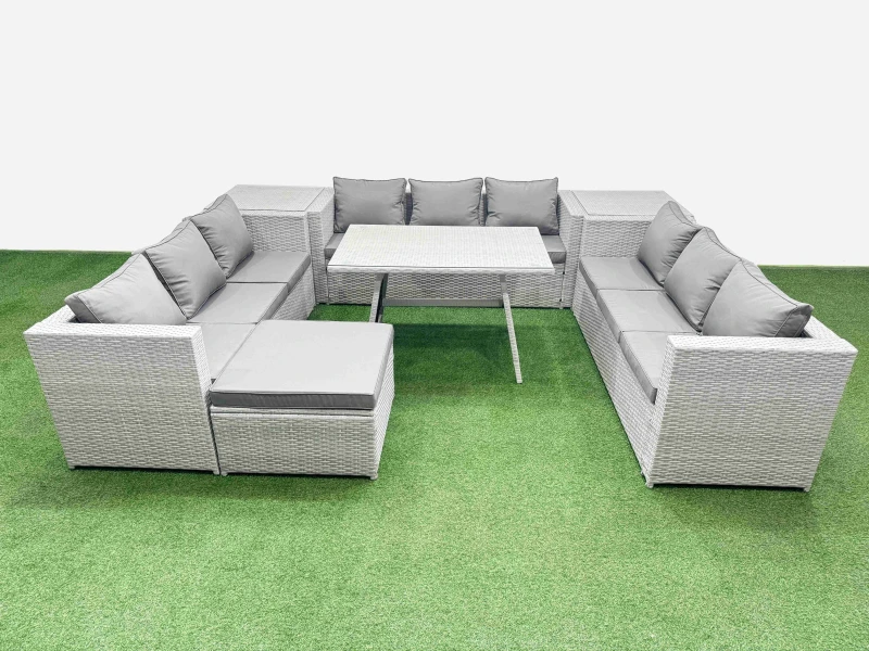 Image of Fimous 10 Seat Patio PE Rattan Garden Furniture with 2 Side Tables Big Stool in Light Grey Light Grey Unisex