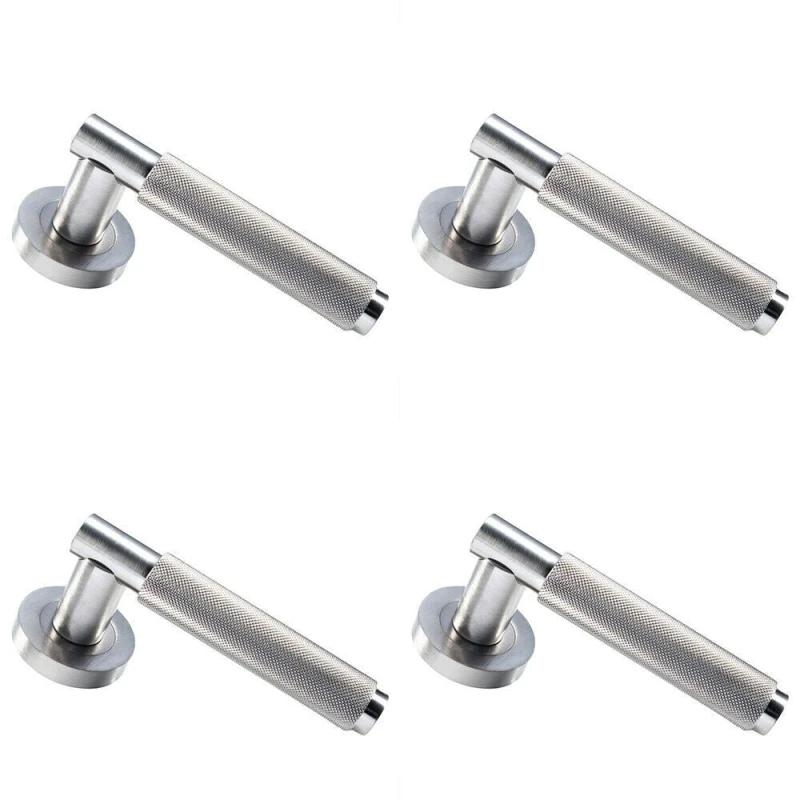 Image of Loops 4x PAIR Knurled Grip Round Bar Handle on Round Rose Concealed Fix Satin Nickel Metallics
