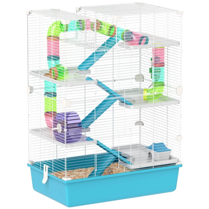 Image of PawHut 6 Tier Hamster Cage with Twin Tower and Accessories, Light Blue D51-439V00LB