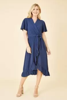 Image of Navy Wrap Over Frill Hem Dress