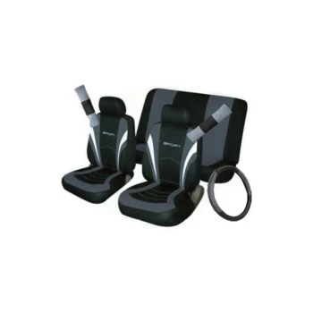 Image of Car Seat, Steering Wheel & Seatbelt Cover Sport - Set - Black/Grey - 10992 - Cosmos