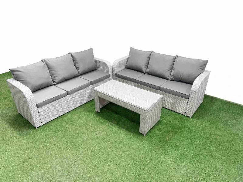 Image of Fimous Outdoor Garden Furniture Sets 6 Seater Wicker Rattan Furniture Sofa Sets with Oblong Coffee Table high Back Lounge Sofa Light Grey Light Grey