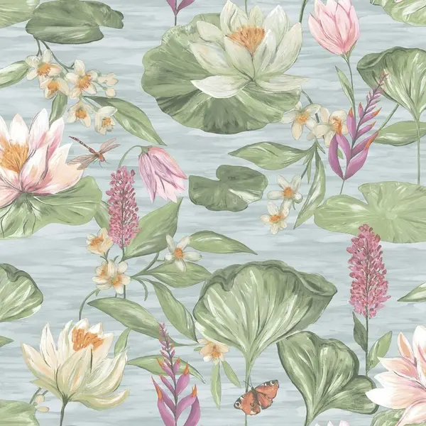 Image of YOL YOL - Blue Lily Pad Wallpaper Holden Floral Butterfly Green Pink Natural Flower WL-13620