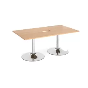 Image of Trumpet base rectangular boardroom table 1800mm x 1000mm with central cutout 272mm x 132mm - chrome base and beech top
