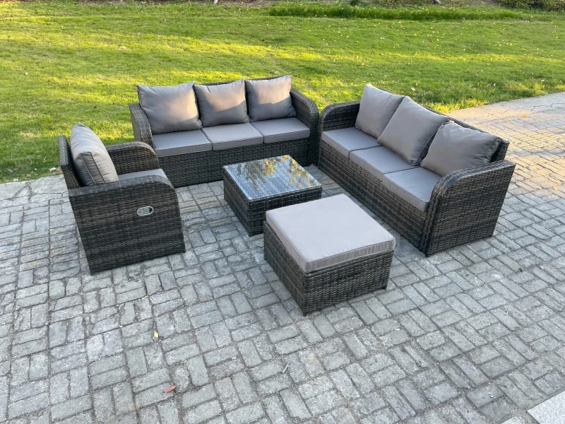 Image of Fimous Outdoor Rattan Garden Furniture Set Conservatory Patio Sofa Coffee Table With Reclining Chair Big Footstool Dark Grey