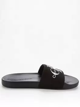 Image of Calvin Klein Jeans Monogram Logo Slides, Black, Size 45, Men