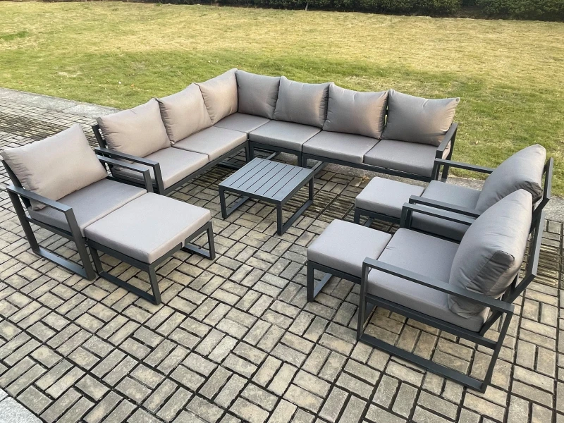 Image of Fimous 12 Seater Outdoor Lounge Corner Sofa Set Aluminum Garden Furniture Sets with Square Coffee Table 3 Chairs 3 Footstools Dark Grey Dark Grey Unis