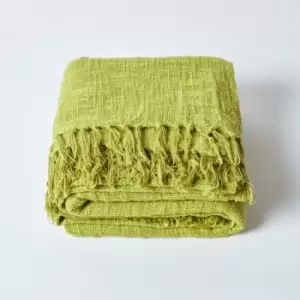 Image of Nirvana Slub Cotton Lime Green Throw, 150 x 200cm - Green - Homescapes