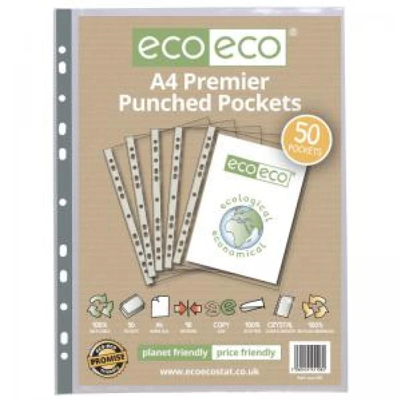 Image of Eco Eco 100% Recycled Premier Punched Pocket A4 Clear (50 Pack) eco108-S