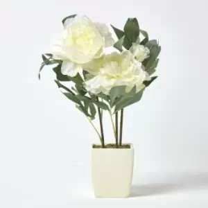 Image of Homescapes - Cream Artificial Peonies in Decorative Cream Pot, 48cm Tall - Cream