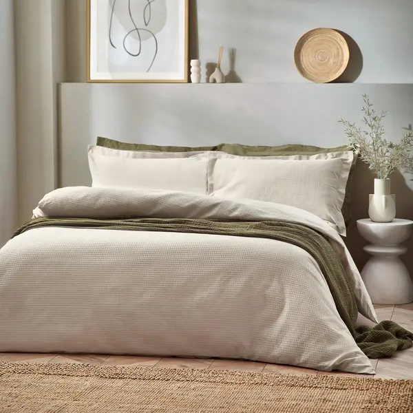 Image of Yard Waffle Textured 100% Cotton Duvet Cover Set Beige