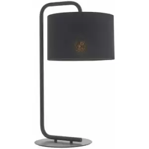 Image of Satin Black Table Lamp Light - 23cm Fabric Cylinder Shade - Bedroom Desk Light