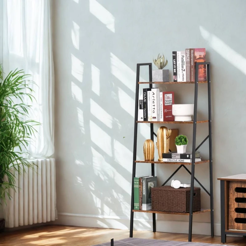 Image of Pirlo Plush 4 Tier Freestanding Ladder Shelf For Living Room Storage Rustic in Brown Brown Unisex