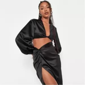 Image of Missguided Twist Front Satin Crop Top - Black