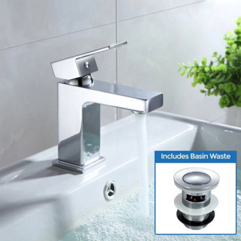 Image of NES HOME Nes Home - Brayton Contemporary Square Chrome Basin Sink Mono Mixer Tap & Waste 8802+WST