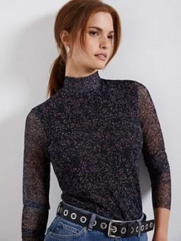 Image of Mint Velvet Pippa Print Mesh Polo Neck Top - Dark Blue