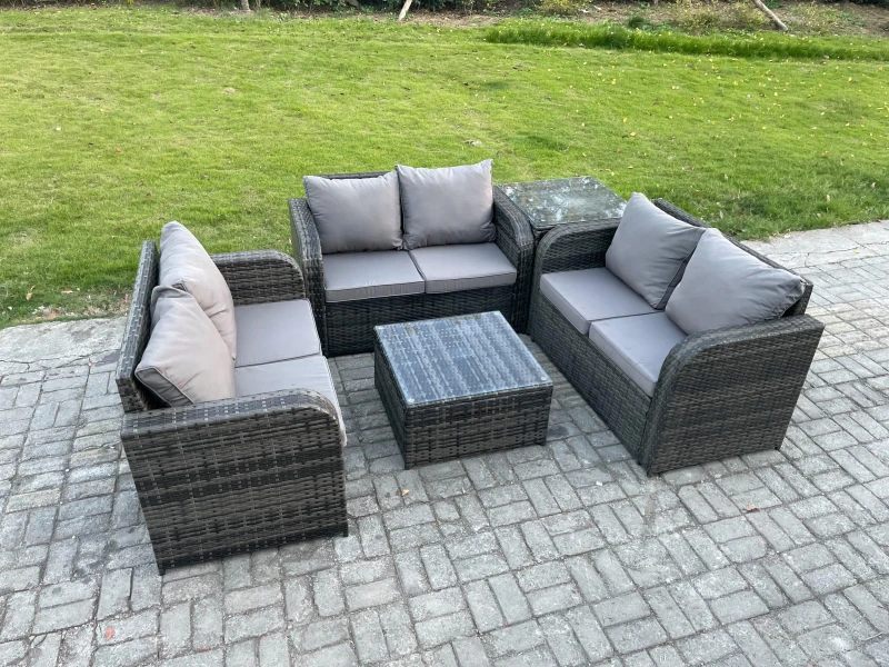 Image of Fimous Outdoor Garden Furniture Sets 6 Seater Wicker Rattan Furniture Sofa Sets with Square Coffee Table Love seat Sofa 2 Small Footstools Dark Grey
