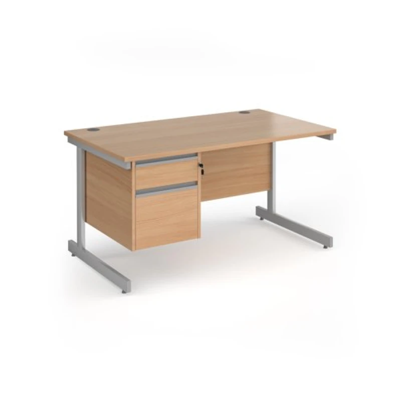 Image of Contract 25 Office Desk Rectangular Desk 1400mm With Pedestal Beech Top With Silver Frame 800mm Depth Contract 25 CC14S2-S-B CC14S2-S-B