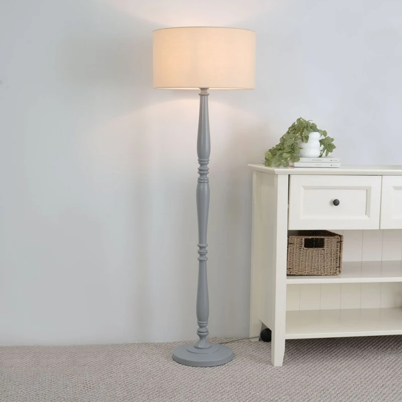 Image of ValueLights Victoria Grey Wood Traditional Stem Floor Lamp with Fabric Drum Shade Natural