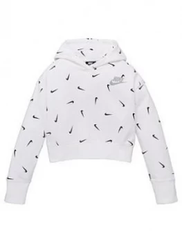 Image of Nike Girls Nsw Aop Crop Ft Hoodie, White/Black, Size S, Women