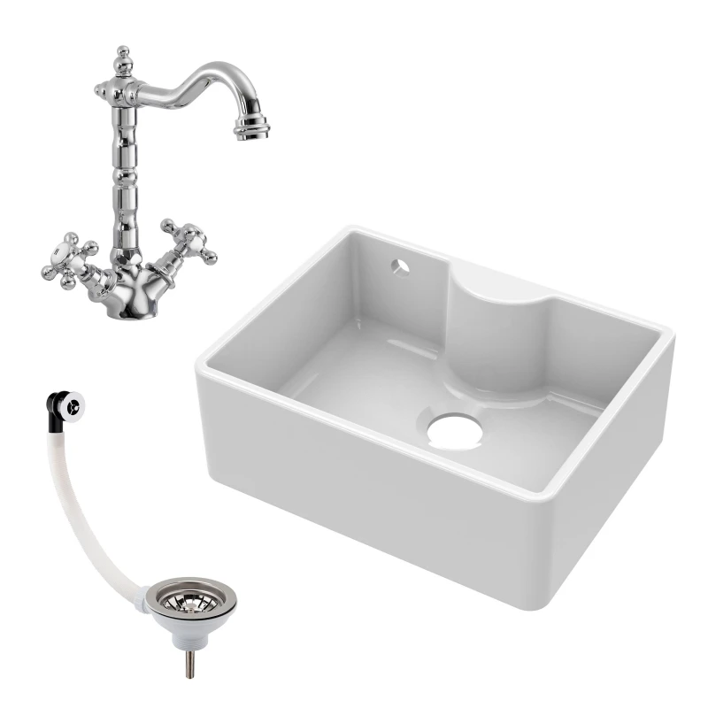 Image of BALTERLEY Balterley - 595mm - 1 Bowl Fireclay Butler Kitchen Sink - Tap Ledge, Overflow, Classic Tap & Waste BSK204WT4