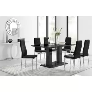 Image of Furniturebox UK - Furniturebox Imperia 6 High Gloss Black Modern Dining Table and 6 Black Milan Faux Leather Dining Chairs With Silver Legs Diamond