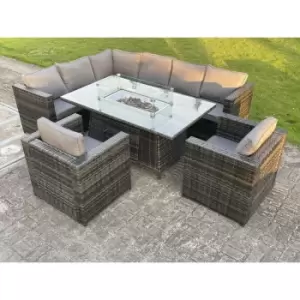 Image of Fimous 8 Seater Outdoor Dark Grey Rattan Lounge Complete Sofa Set with Gas Fire Pit Dining Table, Gas Heater, and Lounge Chairs