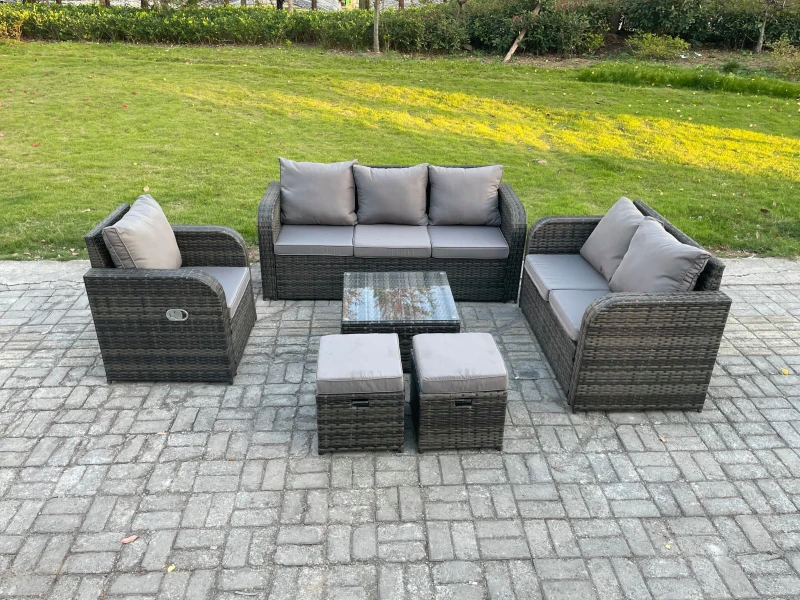 Image of Fimous Rattan Garden Furniture 6 Piece Patio Set With Table Sofa Square Coffee Table Reclining Chair Love seat sofa 2 Small Footstools Dark Grey