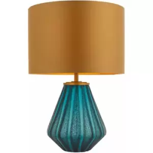 Image of Turqoise Glass Base Table Lamp Light & Gold Fabric Shade - Black Textured Detail