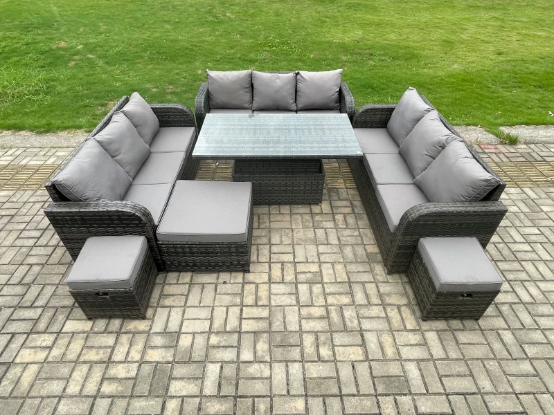 Image of Fimous Patio Garden Dining Set Outdoor Rattan Furniture Sofa Height Adjustable Rising Table With Big Footstool Dark Grey