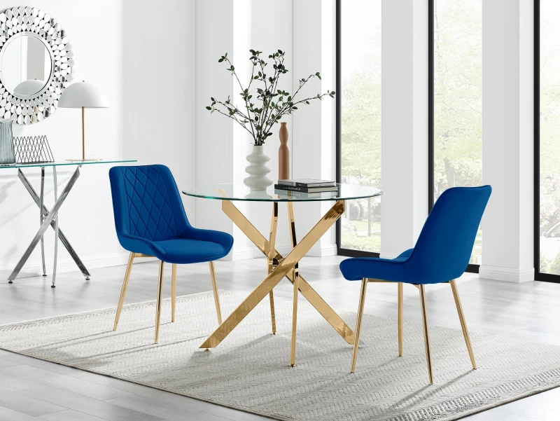 Image of FurnitureboxUK FurnitureboxUK Novara 100cm Round Gold Leg Dining Table & 2 Pesaro Gold Leg Chairs in Navy Navy One Size Unisex 5056784304624